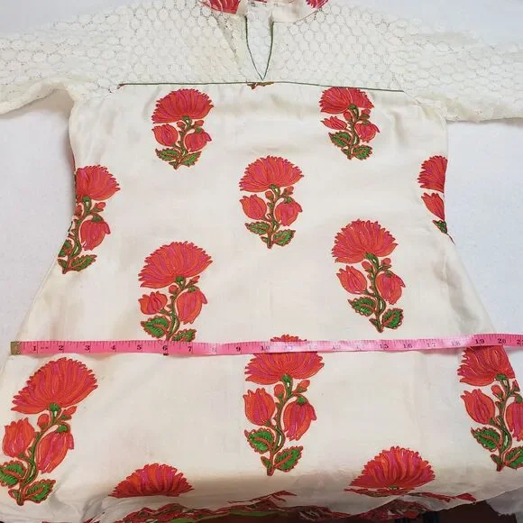 Womens Cream Kurta Top Large Lace Floral Embroidered Bohemian Straight Tunic - Picture 6 of 16